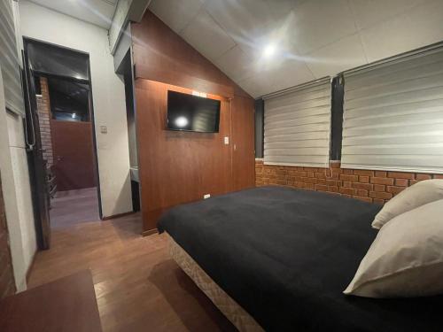 乌尤尼昂克尔乌尤尼旅行胶囊旅馆的卧室配有一张床,墙上配有电视。
