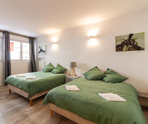 图卢兹Appartement T4 central quartier Saint-Georges -Le Picomax-的配有绿床单的客房内的两张床