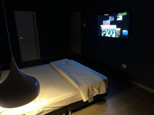 RodaderoSACRAMENTO的一间卧室配有一张床、电视和椅子