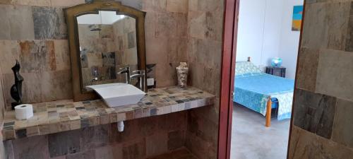 贝隆布尔Bel ombre's Panoramic view的一间带水槽和镜子的浴室以及一张床