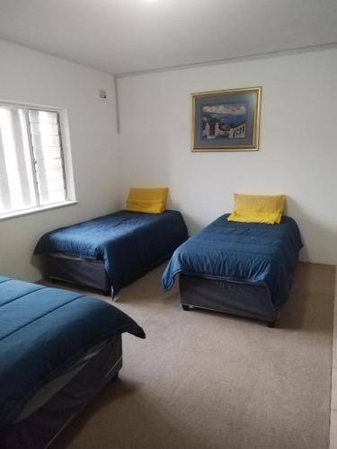 德班Family stay的两张床铺,配有蓝色和黄色枕头