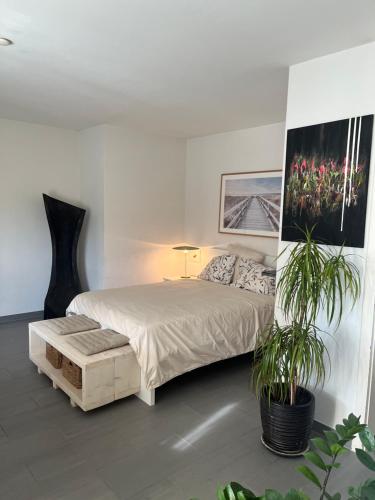 伯尔尼Lorraine的一间卧室配有一张床和盆栽植物