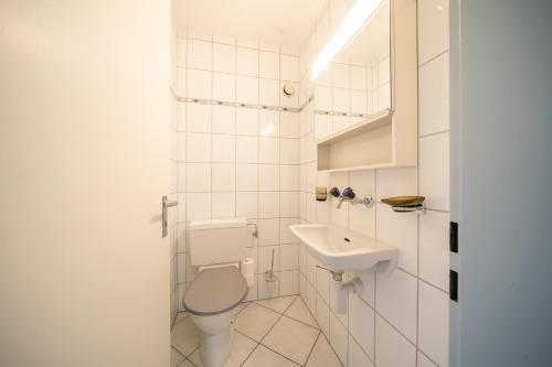 武尔佩拉5302 Grosszeugige 3,5 Zimmer Wohnung mit stilvoller Einrichtung的白色的浴室设有卫生间和水槽。