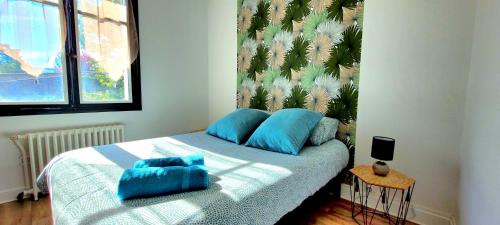 布里夫拉盖亚尔德Wifi Clim Garage Jardin BBQ Cosy House的一间卧室配有一张带蓝色枕头的床。