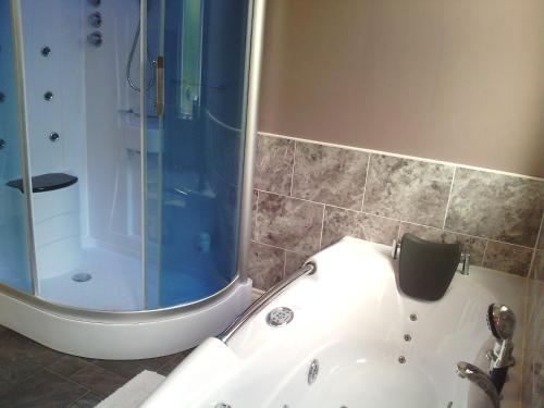 佩恩顿Yew Tree House的带淋浴和白色浴缸的浴室