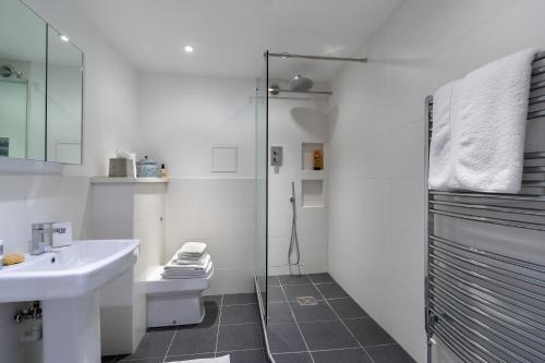 巴斯Somerset House Apartment - Charming Period 1BD的浴室配有卫生间、盥洗盆和淋浴。