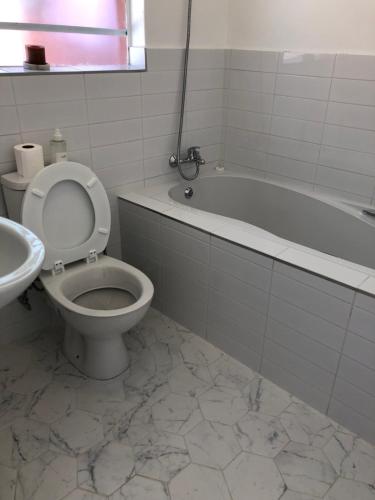 乌姆塔塔Bluebanana Lodge的浴室配有卫生间、浴缸和水槽。