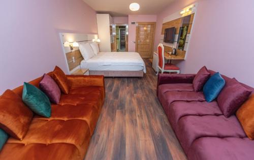 伯萨TOK EPİK HOTEL的客厅配有2张沙发和1张床