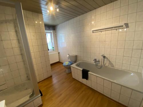 FelsbergFerienwohnung Riese Nordhessen的带浴缸和卫生间的浴室。