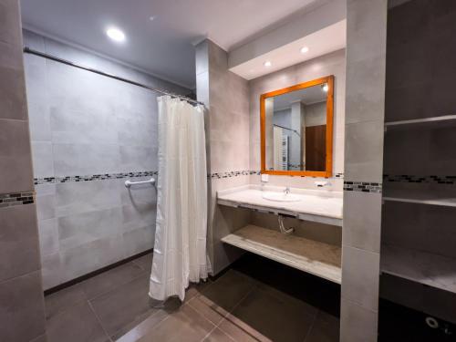 圣安东尼奥德阿雷科Un Alto en la Huella - Hotel Spa & Wellness Resort的带淋浴、盥洗盆和镜子的浴室