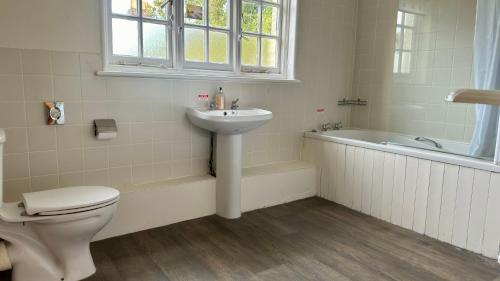 温彻斯特The Cricketers Inn的浴室配有盥洗盆、卫生间和浴缸。