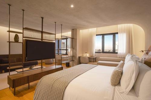 库里提巴QOYA Hotel Curitiba, Curio Collection by Hilton的一间卧室配有一张大床和一台平面电视