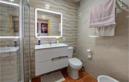 诺沃桑克蒂佩特里Cozy Apartment In Chiclana De La Front, With Outdoor Swimming Pool的一间带卫生间、水槽和镜子的浴室