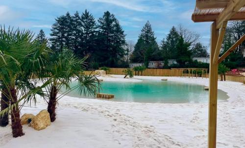 派拉克Glamping Payrac的后院的游泳池,种植了沙子和棕榈树