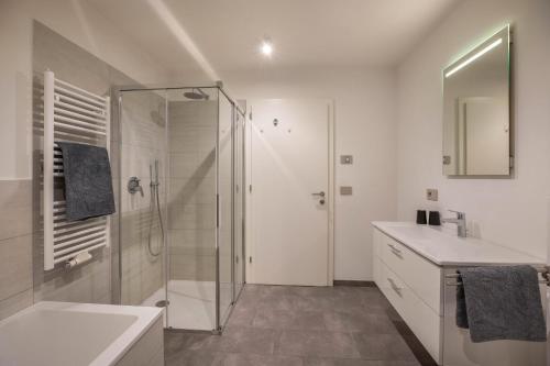 新波南特Appartement Obkircher的带淋浴和盥洗盆的白色浴室