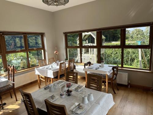 希尔斯伯勒Dunhill Cottage B&B的用餐室设有桌椅和窗户。