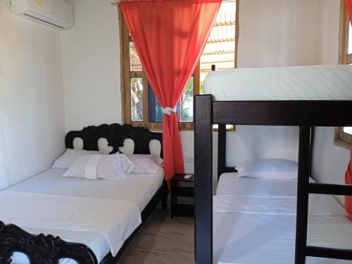 CalaoHospedaje Paula C的一间卧室设有两张双层床和一扇窗户。