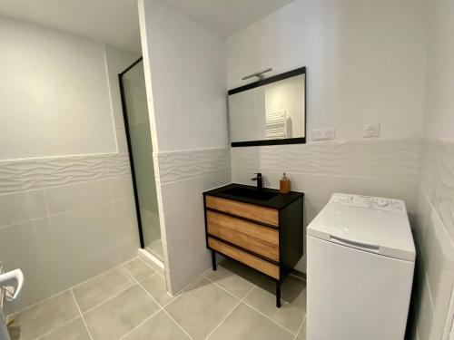 JulienneCharmante MAISON Lumineuse, Chaleureuse et confortable的一间带水槽和镜子的小浴室