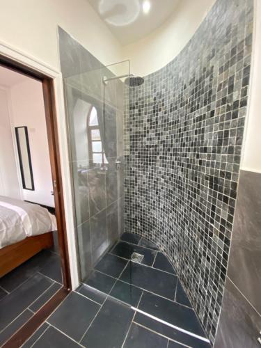 阿姆奇Converted chapel - Sant Pedr Newydd - with sea views的带淋浴的浴室和玻璃门