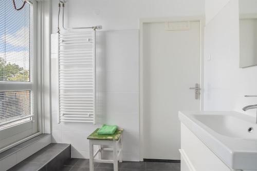 MarssumAppartement De Boppeslach的白色的浴室设有水槽和凳子