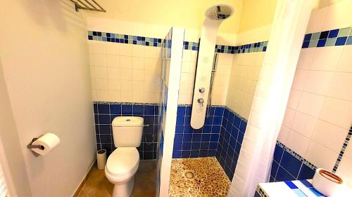 勒拉芒坦Sweet Payot : Studio avec Spa privé et piscine的浴室设有卫生间和蓝色瓷砖淋浴。