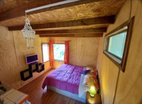 埃尔基斯科Cabañas Isla Neruda的一间卧室配有一张紫色的床和一台电视机