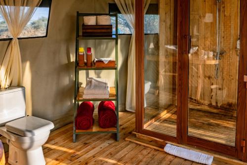 塞伦盖蒂Olmara Camp的带淋浴和卫生间及红色毛巾的浴室