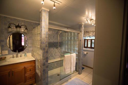 芒特艾里Bees B & B的带淋浴、盥洗盆和镜子的浴室