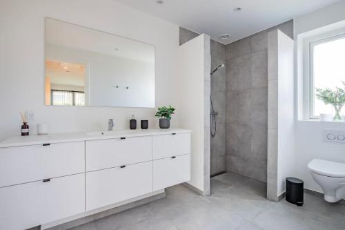 哥本哈根Spacious family house的白色的浴室设有水槽和卫生间。