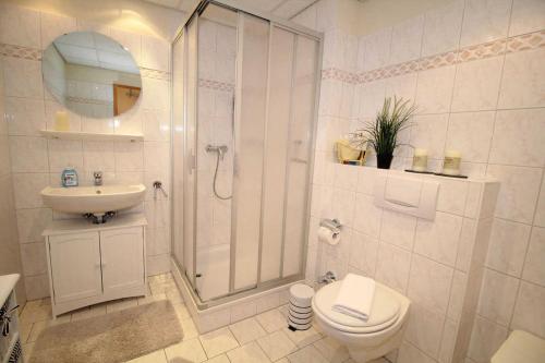 萨斯尼茨Villa Seeblick - Apartment 309的带淋浴、卫生间和盥洗盆的浴室