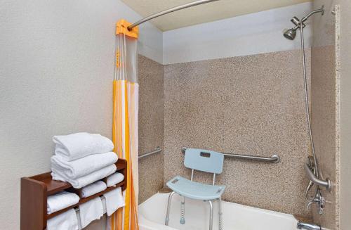 博林格林鲍林格林拉奎塔酒店及套房的带淋浴、卫生间和椅子的浴室