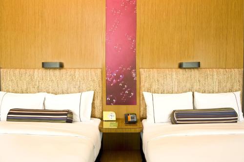 北京北京海淀雅乐轩酒店的两张位于酒店客房的床,配有两张sidx sidx单人床