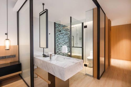 太原太原南站万枫酒店的一间带大型大理石盥洗盆和卫生间的浴室