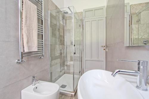 罗马Domvs Romae Apartment的一间带水槽、淋浴和卫生间的浴室
