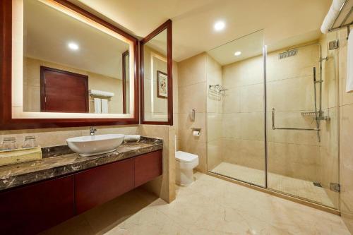 儋州儋州福朋喜来登酒店的一间带水槽、淋浴和卫生间的浴室