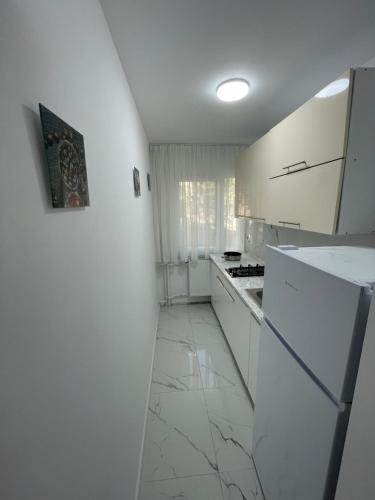 康斯坦察Apartament 2 camere的厨房配有白色橱柜和白色冰箱。