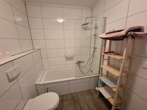 朗道因德普法尔茨Landau, schöne helle gemütliche Wohnung的带淋浴、卫生间和浴缸的浴室