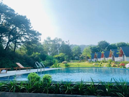 河内Xuhao Homestay的庭院内的游泳池,带椅子和树木