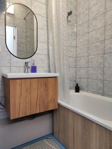 比什凯克Silk Sky的一间带水槽、浴缸和镜子的浴室