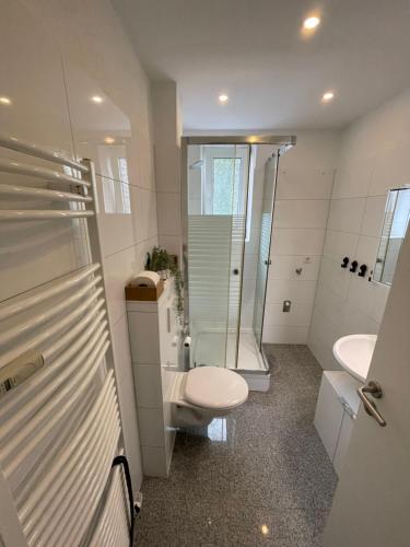赫恩Wohnung in Herne Zentral mit Küche, Netflix, Disney Plus, DAZN的带淋浴、卫生间和盥洗盆的浴室
