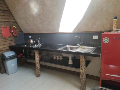 塔尔卡Hostal Macal的厨房配有水槽和红色冰箱