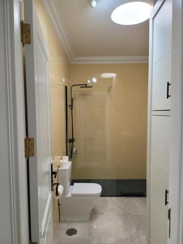 普拉亚布兰卡Realidad的一间带卫生间和玻璃淋浴间的浴室