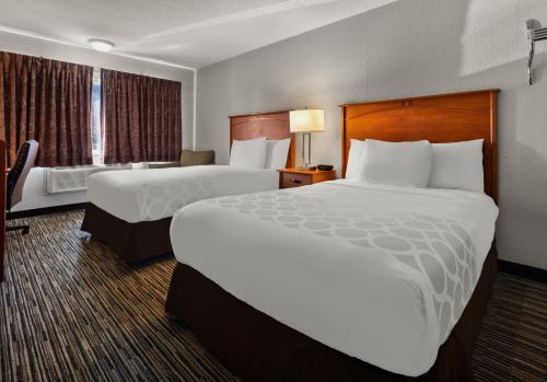 罗缪勒斯Magnuson Hotel Detroit Metro Airport的酒店客房设有两张床和窗户。