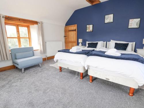 登比Rhydonnen Bach的一间卧室设有两张床和蓝色的墙壁