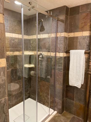 OwatonnaDel Boca Vista的浴室里设有玻璃门淋浴