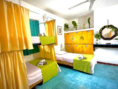 巴利亚多利德Hostal Guacamayas的一间卧室设有两张双层床和黄色窗帘