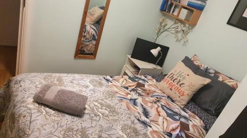 伦敦Private Room Guest Sleep的一间卧室配有一张带被子和镜子的床