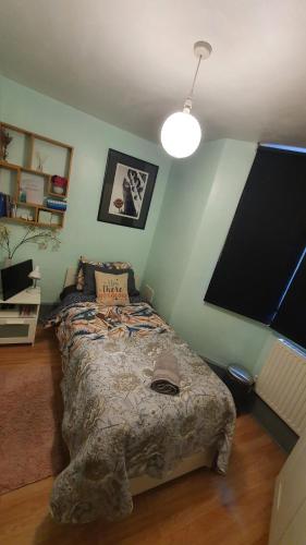 伦敦Private Room Guest Sleep的一间卧室配有一张床和一台平面电视