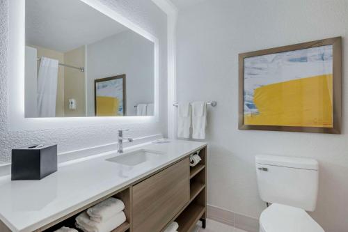 布朗斯堡Comfort Suites West Indianapolis - Brownsburg的一间带水槽、卫生间和镜子的浴室