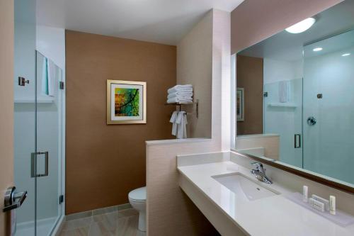 东叙拉古万豪锡拉丘兹卡里尔环岛费尔菲尔德客栈的一间带水槽、卫生间和镜子的浴室